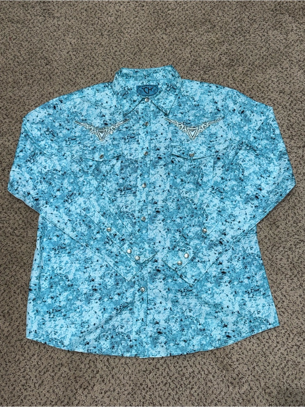 COWGIRL HARDWARE Turquoise Embellished Cross Western Pearl Snap Shirt Blouse | L